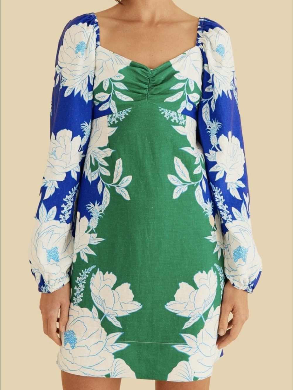 Farm Rio NWT Green & Blue Floral Puff-Sleeve Mini Dress
